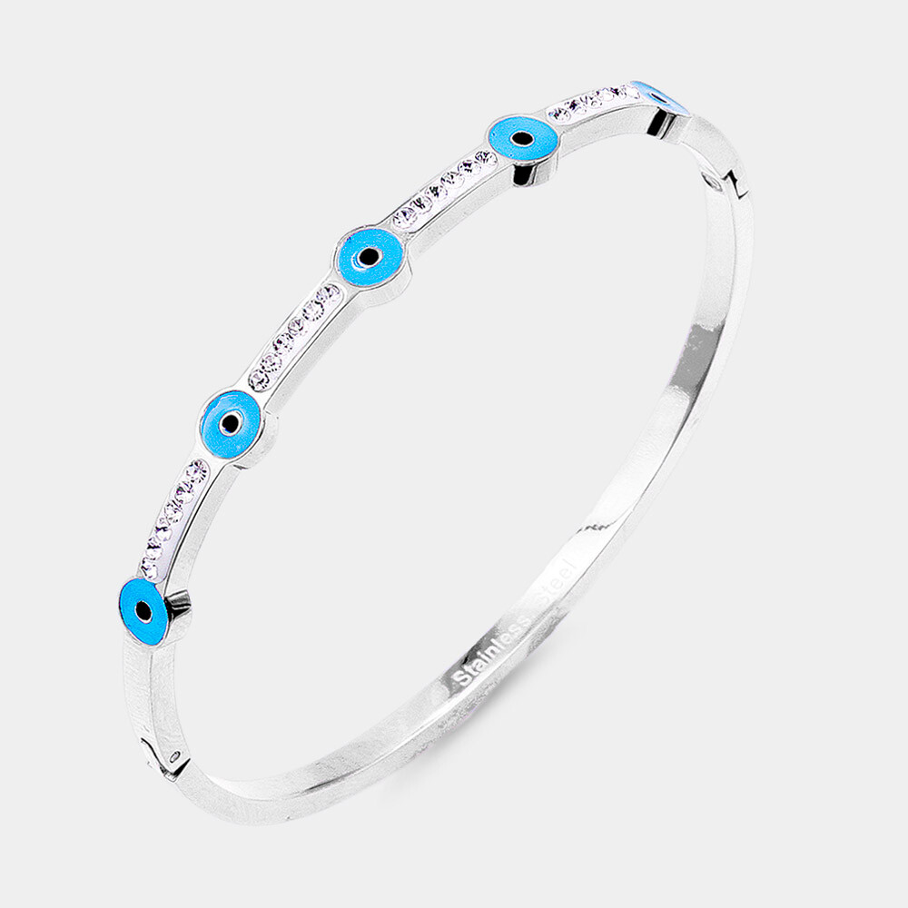 Evil Eye Bracelet Stainless Steel Hinge Bangle Rhinestone Hamsa