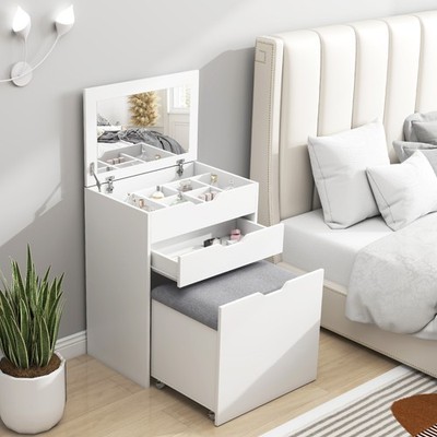 HOMCOM Schminktisch mit Spiegel und Hocker, Kosmetiktisch mit Stauraum, weiß