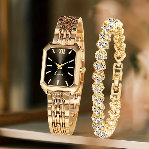 Women’s Square Quartz Wristwatch & Matching Stainless Steel Bracelet Set.