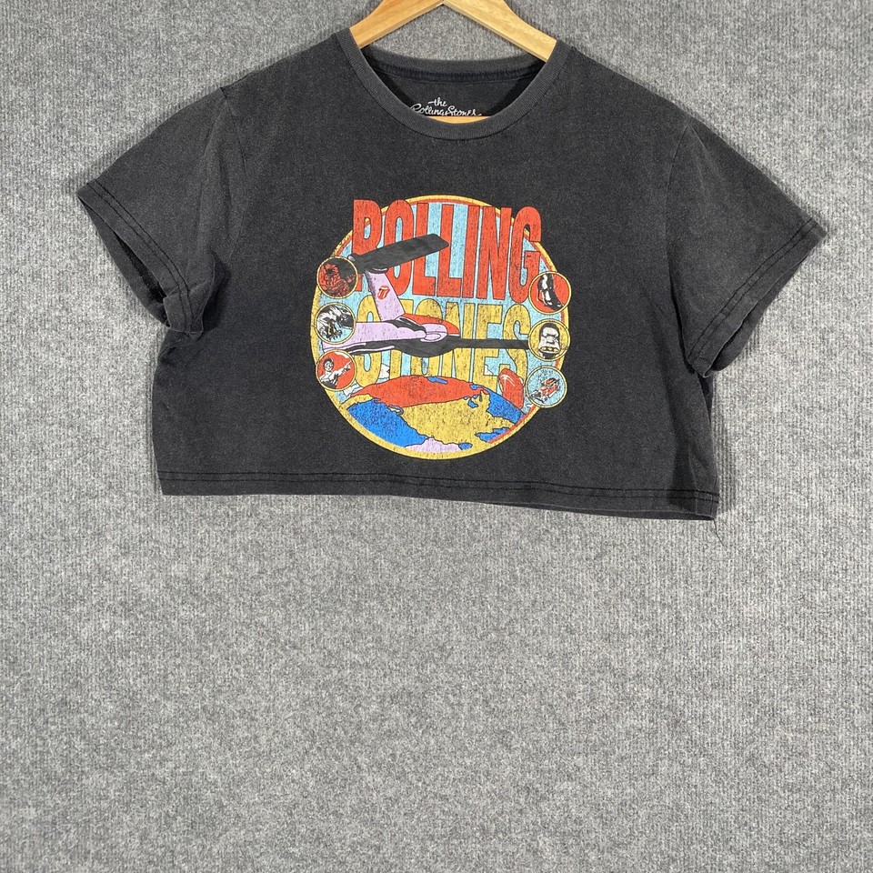 The Rolling Stones Shirt Womens S Black Retro Cropped Band Tee T-Shirt Rock