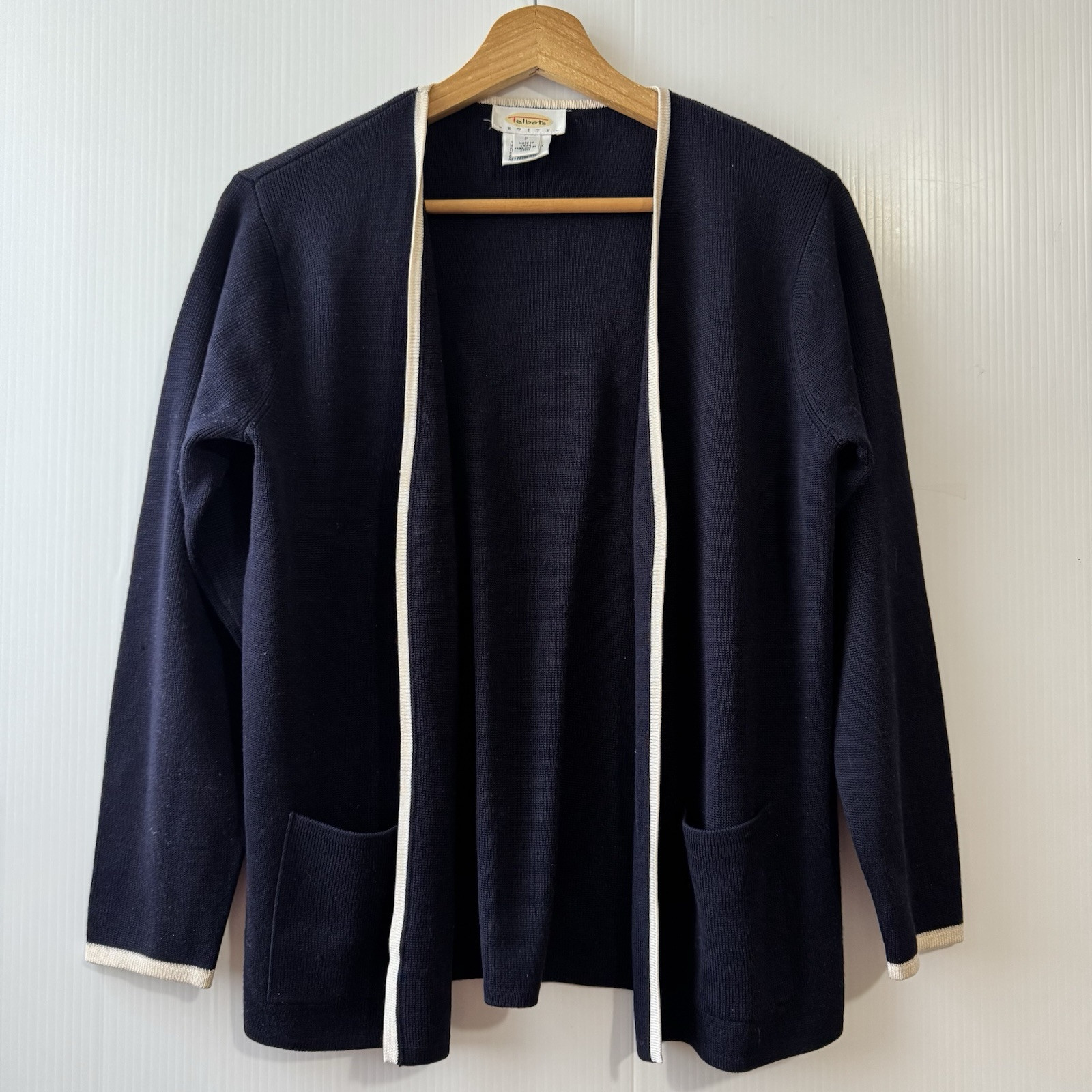 Talbots 100% Silk Open Front Cardigan Navy W/ivory Trim Women's Size P