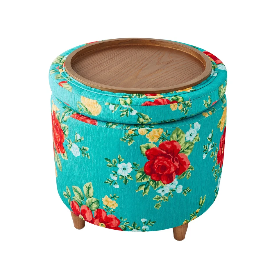 Otomana de almacenamiento redonda The Pioneer Woman tela floral vintage con tapa de bandeja, verde azulado Foto 4 de 4