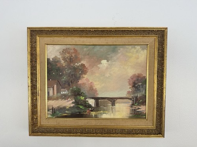 #ad #ad VTG Original Oil Painting on Canvas Rural Landscape Bridge 20x16” Signed Elyse $189.00