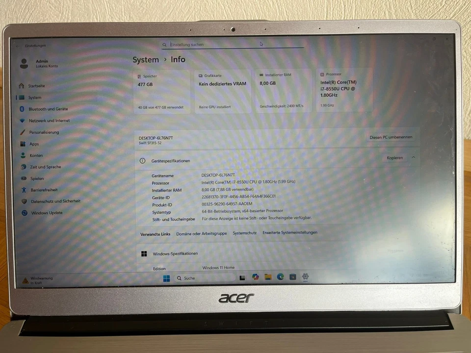Acer Swift SF315-52 i7-8550U 8GB RAM 512GB SSD 15,6" Full HD - Bild 3 von 4