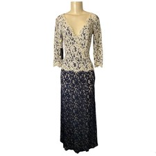 FINAL SALE Tadashi Shoji Dark Navy & Latte Lace 3/4 Sleeve Gown Glam NO BELT