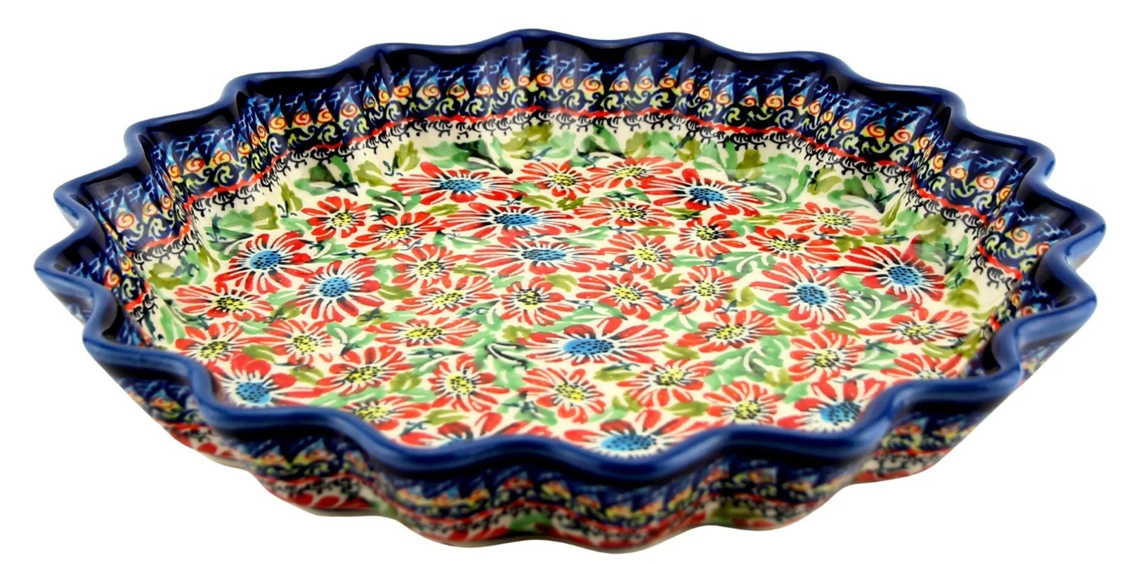 Polish Pottery 10" diameter Quiche Scalloped Pie Dish Unikat Pattern