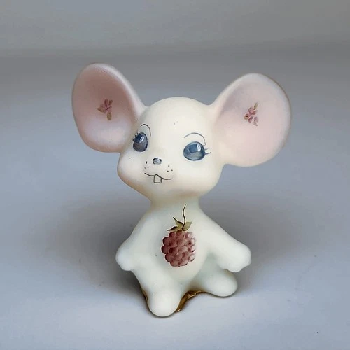 Fenton Mouse Figurine Satin Glass Hand Painted Signed Raspberry Floral Vtg