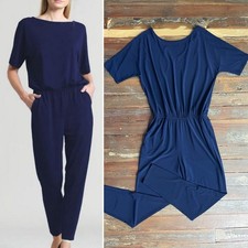 Clara Sun Woo Navy Crepe Open Back Short Sleeve Stretch Travel Jumpsuit- XS     