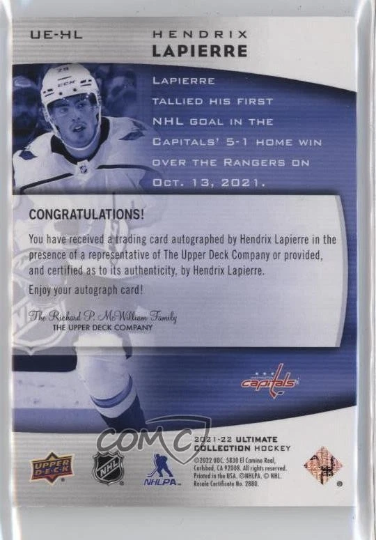 2021 Ultimate Collection Emblems Gold /49 Hendrix Lapierre #UE-HL Rookie Auto RC - Image 2 of 2