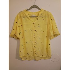 Fig Flower Yellow Floral-Embroidered Button Front Women's Blouse Sz L