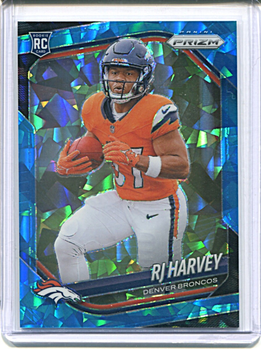 RJ HARVEY 2025 PANINI PRIZM BLUE ICE #303 DENVER BRONCOS RC 34/99