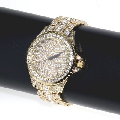 Big Bezel Fully Iced Bling with Baguette Crystal Watch Gold Tone Metal Link Band