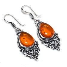 Baltic Amber Gemstone Handmade 925 Sterling Silver Jewelry Earring Size 1.9"