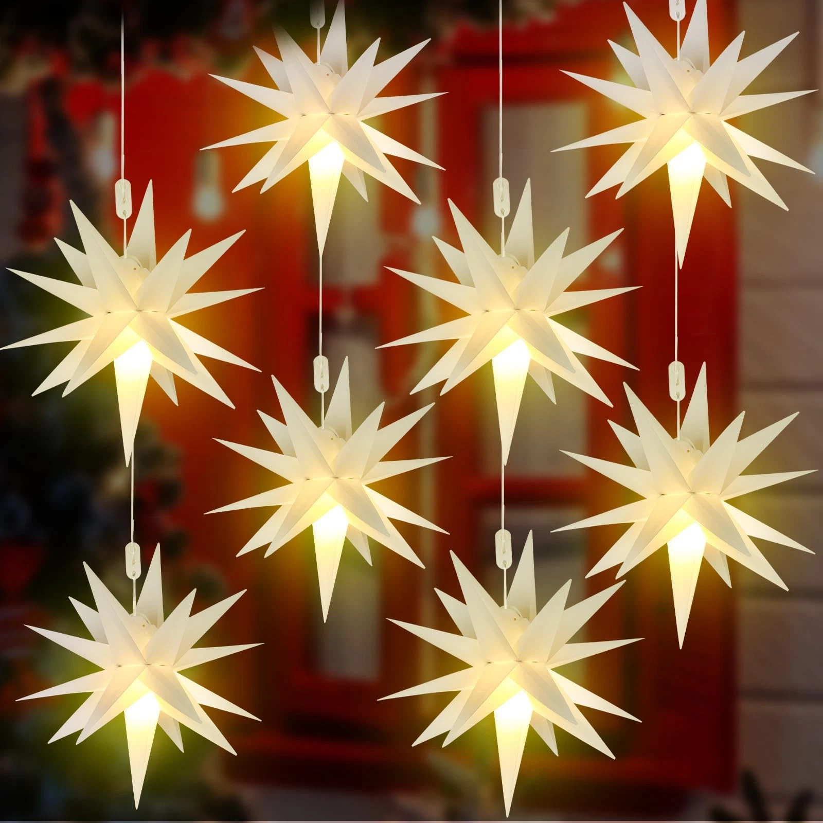 8 Pieces Moravian Star Light LED 3D Star Hanging Light Powered by Battery wit...