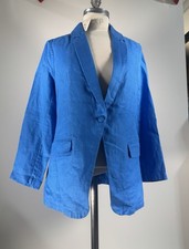 Halston Coastal Blue Linen Blazer Jacket Single-Button Front Pockets Size Small