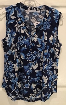#Notations Women's Sleeveless Split Neck Size S Sleeveless Blouse Blue/White