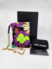 SAINT LAURENT Floral-Print Drawstring Satin iPhone Pouchon Chain Shoulder Bag