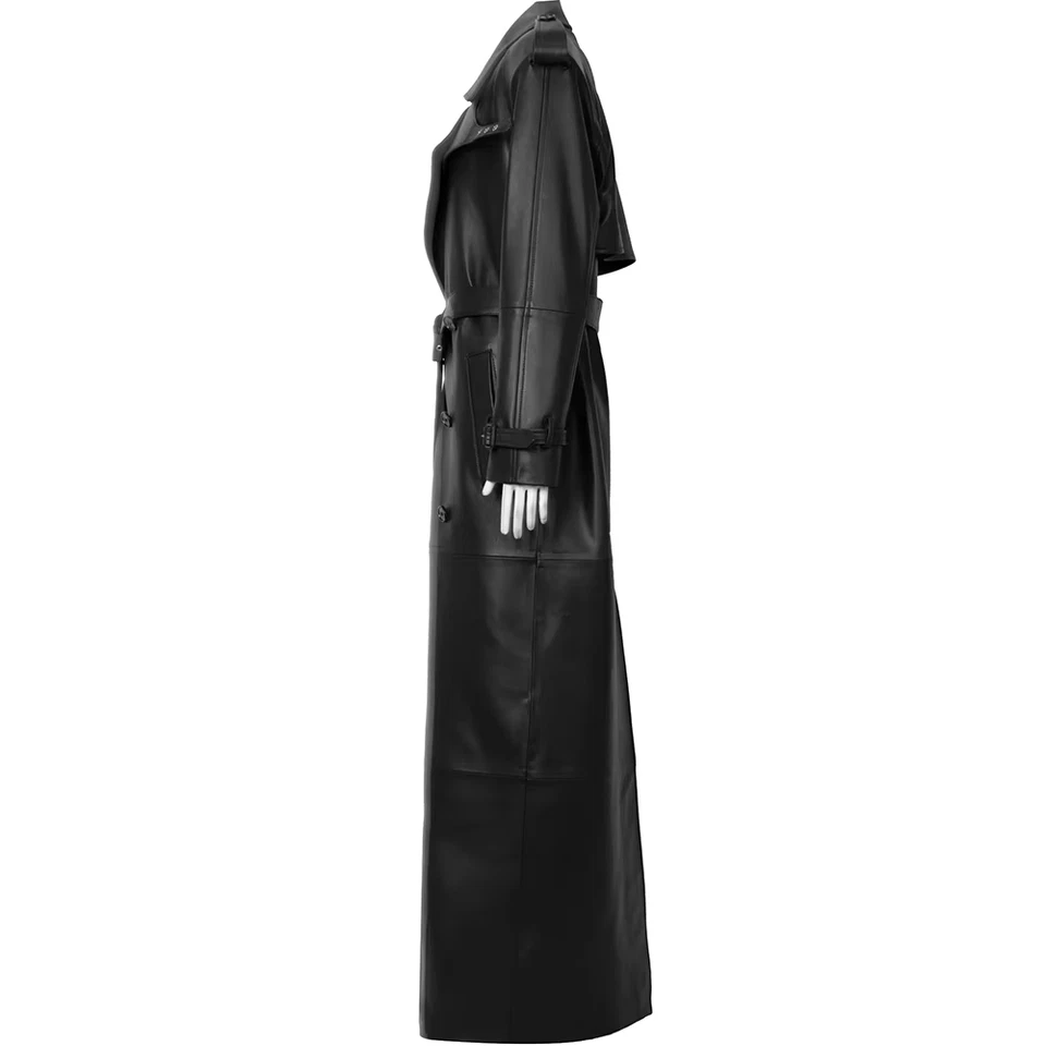 Real Leather Coat Long Black Trench Jacket Women Floor Length Size S M L XL 2XL - Image 3 of 4