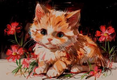 ACEO Mini *Art Print* Orange Fluffy Cat Baby Kitten and Red Flowers by Saulite