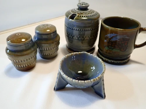 5 Pcs Vintage Wade Irish Porcelain Shakers, Condiment, Mug & Footed Nappy