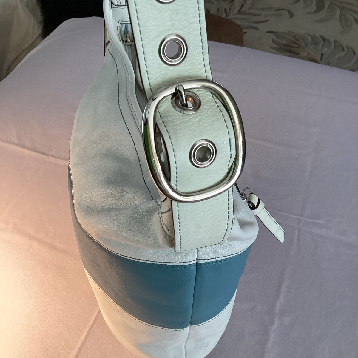 Classic Coach Blue and White Leather Bucket Shoulder Bag