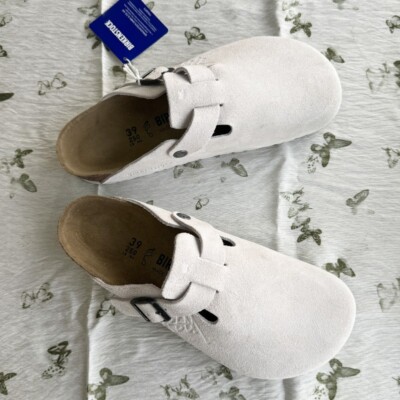 Birkenstock Boston x Stussy Suede Soft Footbed Bone White
