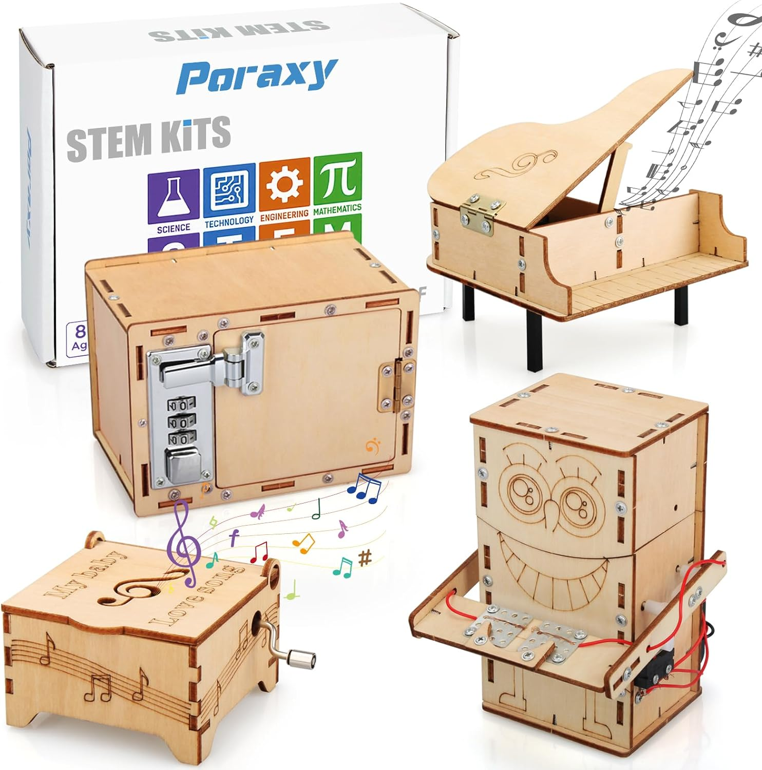 Poraxy 4 Set STEM Kits for Kids Ages 8-10 10-12, Toys for Ages 8-13, Music Box,-image