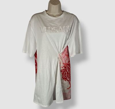 Versace Women's White Seaside Print Contrast Panel Logo T-Shirt Top Size 42