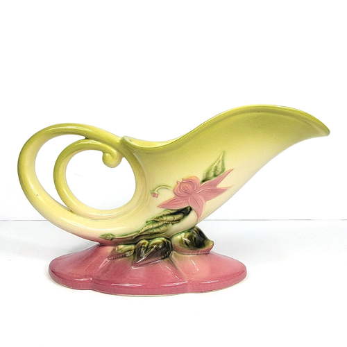 Vintage Hull Pottery Woodland Cornucopia Vase 1950s Pink & Green Floral