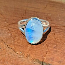 Natural Rainbow Moonstone Gemstone Solid 925 Sterling Silver Ring Size 8