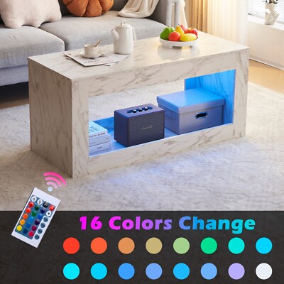 US Modern Faux Marble Coffee Table 16 Colors LED Light End Table w/Open Storage