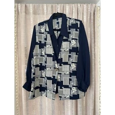 Vintage Navy and Cream Print Sheer Layered Blouse