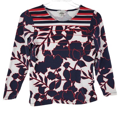 Christopher & Banks Striped Floral Multicolor Crew Neck Blouse Petite Small PS