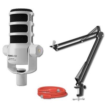 Rode PodMic USB White Microphone with SC27 Red USB-C Cable and Boom Arm
