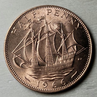 1966 UK United Kingdom 1/2 P Half Penny - Coin - Sailboat -KM#896