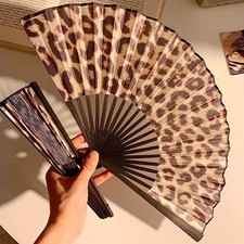 Hand Fan Folding,23cm Large Rave Fan Leopard Fans Silk Fabric Hand Fans,Portable