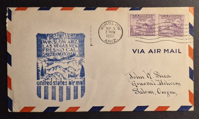 1937 First Flight Winslow AZ Arizona AM 37 Airmail AM-37 37W1 Air Mail Cover