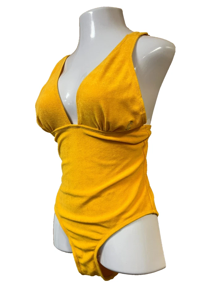 Traje de baño Juicy Couture dorado rizo triángulo de una pieza logotipo cosido metálico talla M Foto 3 de 4