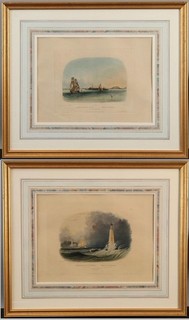 2 Antique KARL BODMER Nautical Aquatint Engravings Boston & Cleveland Lighthouse