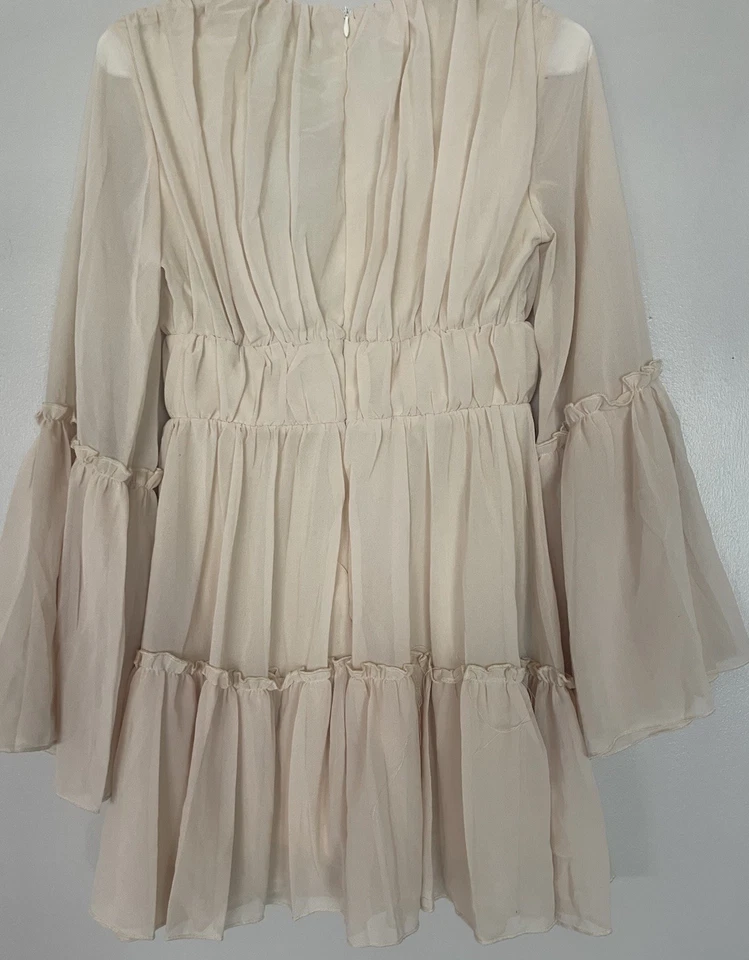 Vestido recto con volantes para mujer cuello profundo - crema - XS Foto 3 de 4