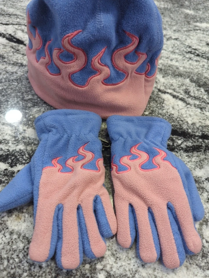 Vintage Y2K L.L. Gorro y guantes de invierno Bean Blue/Rosa Flame Beanie  Foto 2 de 4