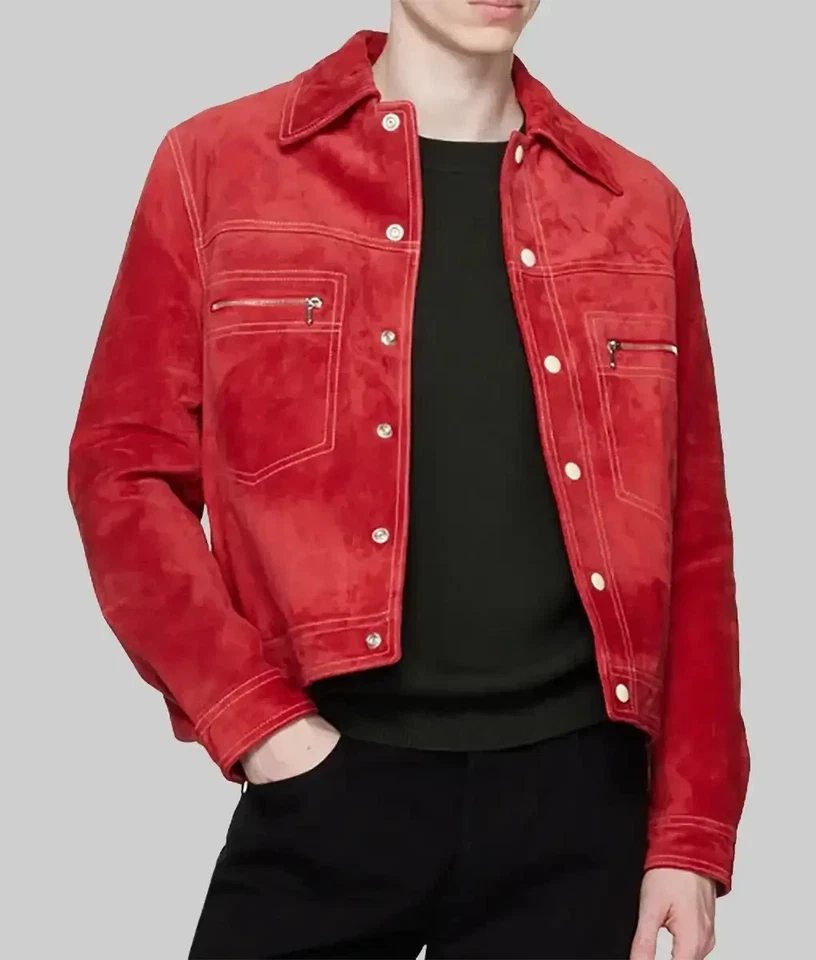 Mens Red Leather Trucker Jacket Pure Suede Custom Made Size S M L XL 2XL 3XL - Image 3 of 4