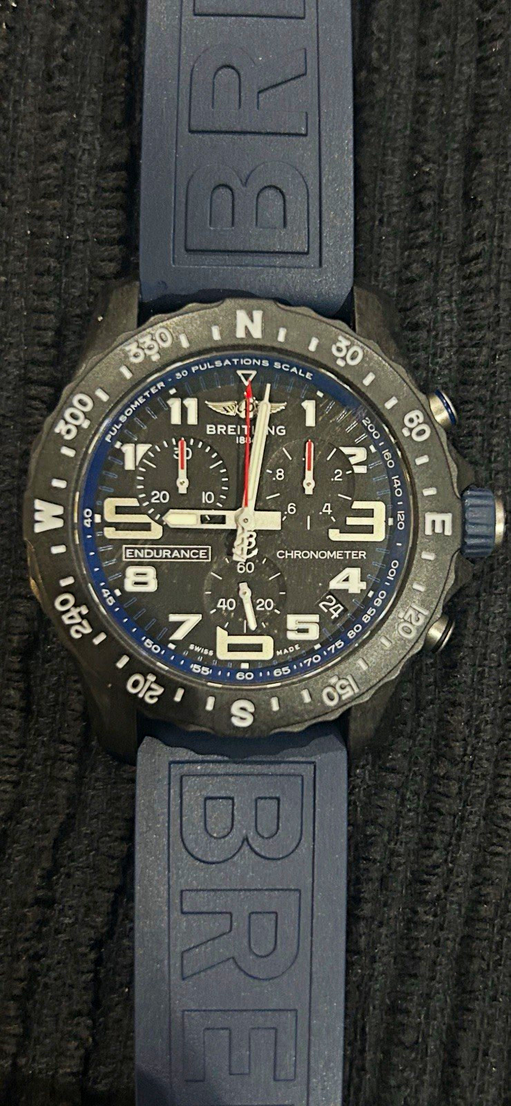 Breitling Endurance Pro X82310 44mm Black Carbon Quartz Chronograph Blue Strap