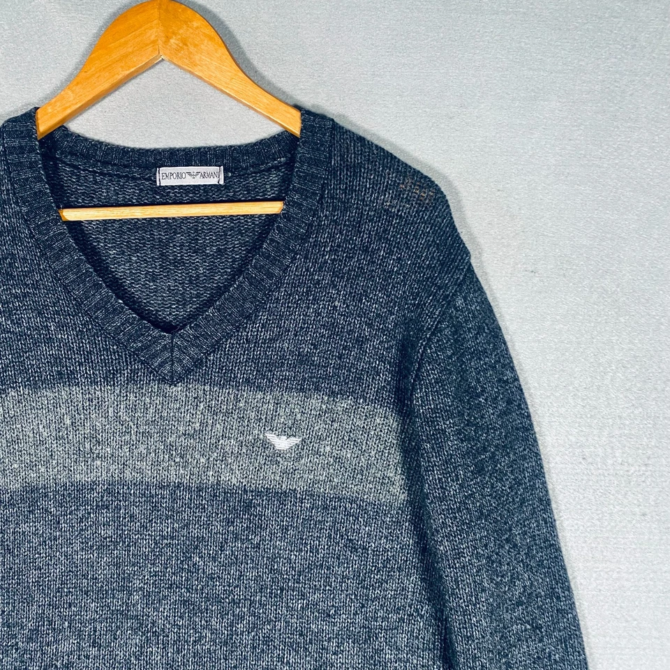 Vintage Emporio Armani Sweater Mens L Gray Wool Blend V Neck Pullover - Image 3 of 4