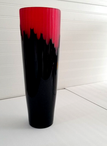John-Richard Vase Etched Red Satin Glass Encased in Black Cylinder 14"H - Picture 3 of 17