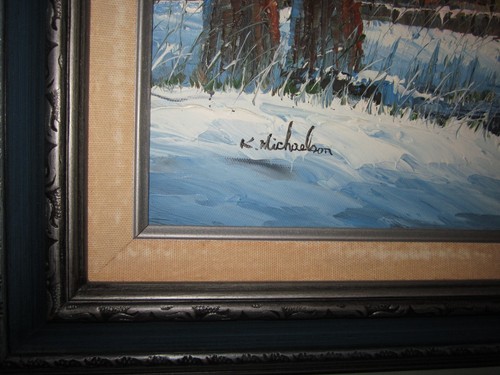 Framed Signed K. Michaelson Oil Painting Covered Bridge Barn River Winter Scene - Picture 2 of 7