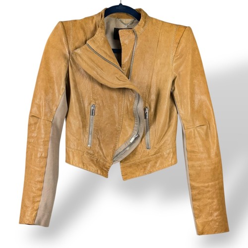 BCBG MAX AZRIA Leather Jacket Women's Size XXS Soy Chai Tan Moto Zip Crop