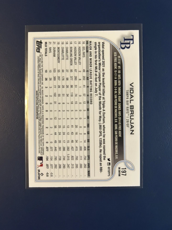 2022 Topps UK Edition Vidal Brujan Rookie 197 Tampa Bay Rays - Image 2 of 2