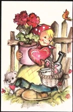 Alfred Mainzer Girl Big Shoes Flowers Dog Vintage Postcard WESTERN GERMANY