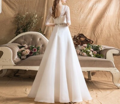 UK Organza White Ivory Half Sleeve A Line Simple Modest Wedding Dress Size  6-18 | eBay